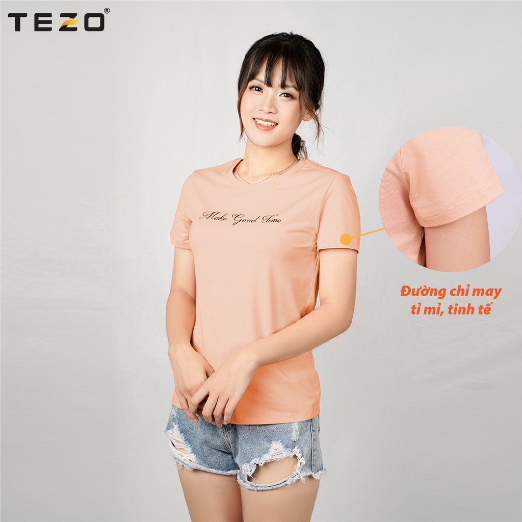 Áo phông nữ TEZO (8 màu) in chữ, chất cotton thấm hút mồ hôi, thoáng mát, áo thun cổ tròn thoải mái vận động 2105APKB03