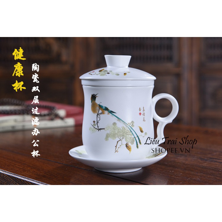 Ly cốc pha trà sứ 4 mảnh có nắp 350ml