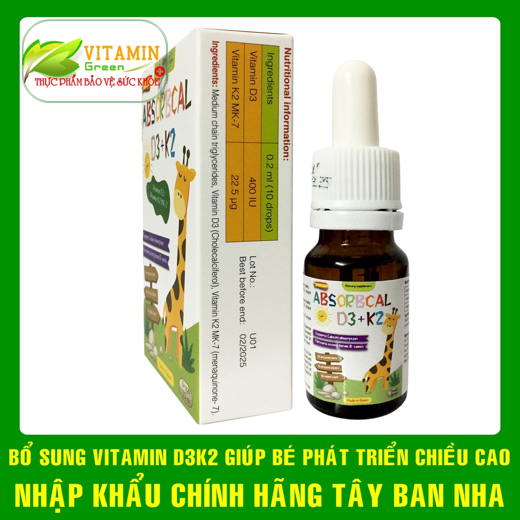 Vitamin D3 K2 cho bé ABSORBCAL D3+K2 giúp bé phát triển chiều cao | Nhập khẩu chính hãng Tây Ban Nha