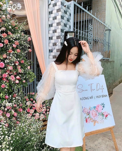 Đầm dự tiệc tay voan đính ngọc dễ thương | BigBuy360 - bigbuy360.vn