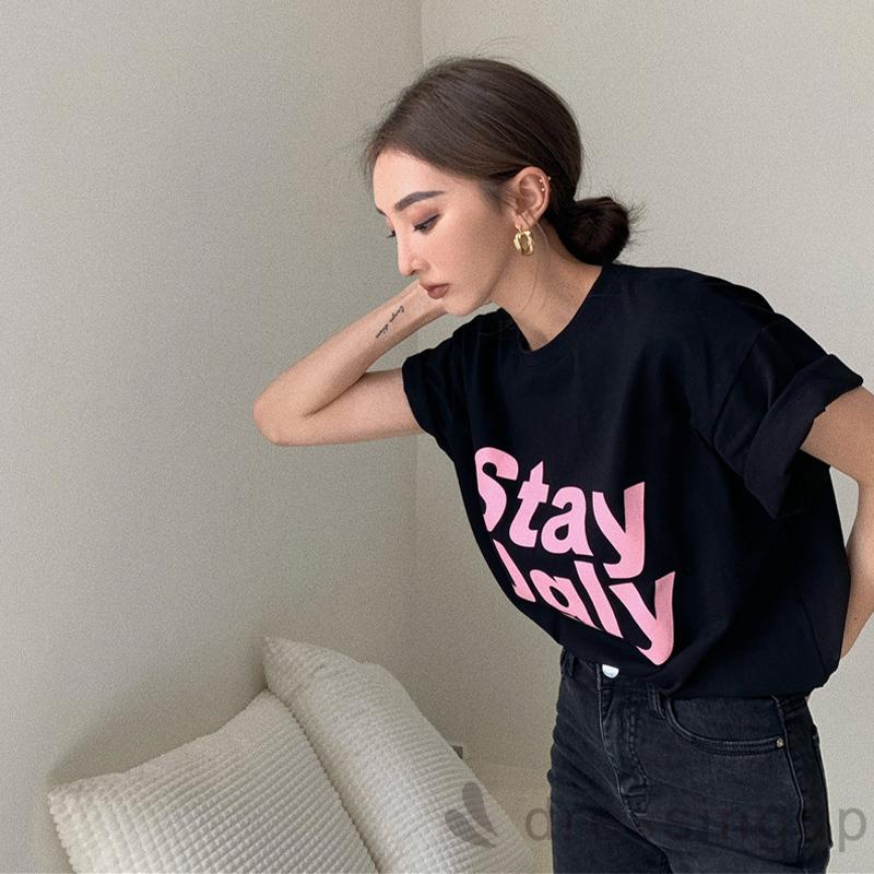 DRE-Women Summer Short Sleeve T-shirts,Letter Print Loose Casual Tops