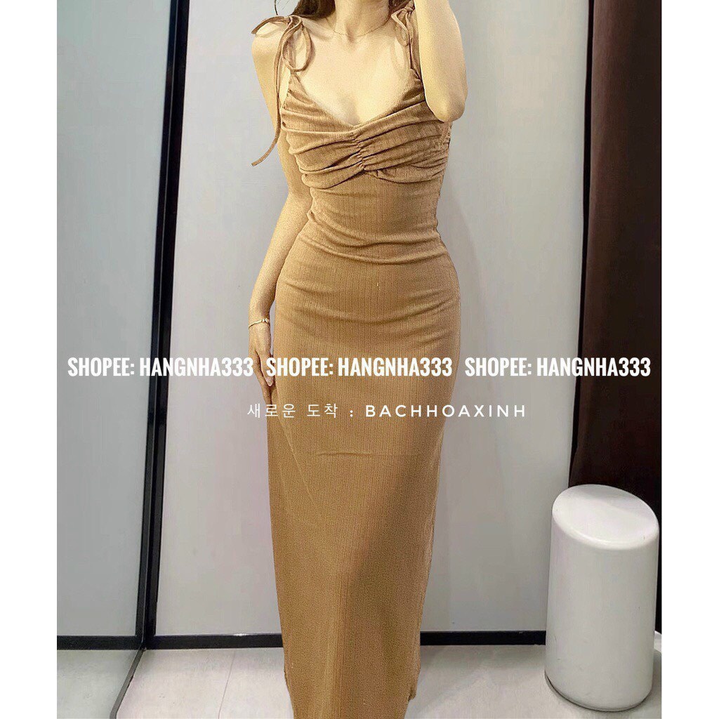 Đầm 2 dây cột nơ vai nhúm ngực ôm body dáng dài cực hot , chất thun gân mềm mịn ly