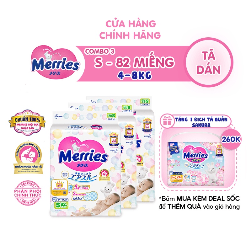 Combo 3 Tã dán Merries Đủ Size NB90/S82/M64/L54/XL44