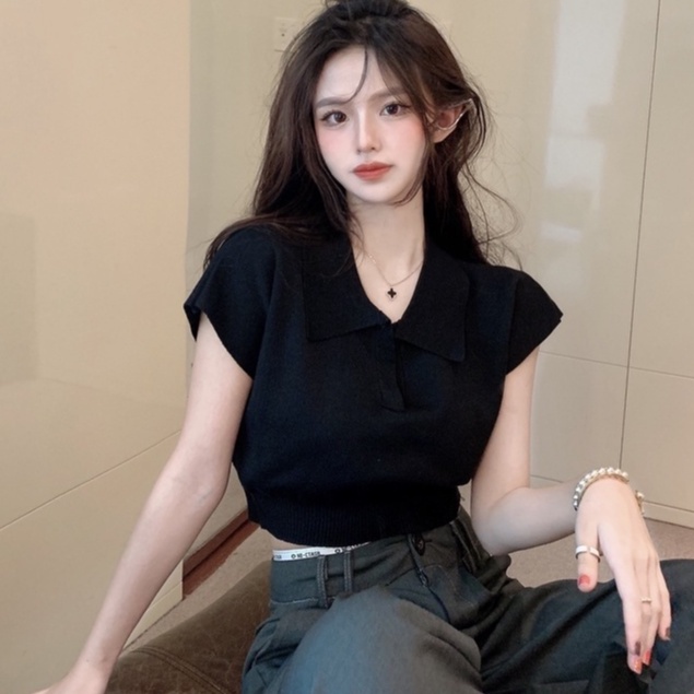 Áo len nữ croptop THOYEUFASHION, Áo croptop nữ chất len tăm cộc tay cổ bẻ hàng dệt kim cao cấp