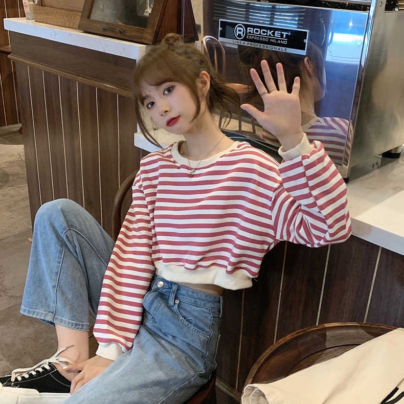 【ZHELIHANGFEI】Áo Sweater Tay Dài Kẻ Sọc Lưng Cao Thời Trang Cá Tính