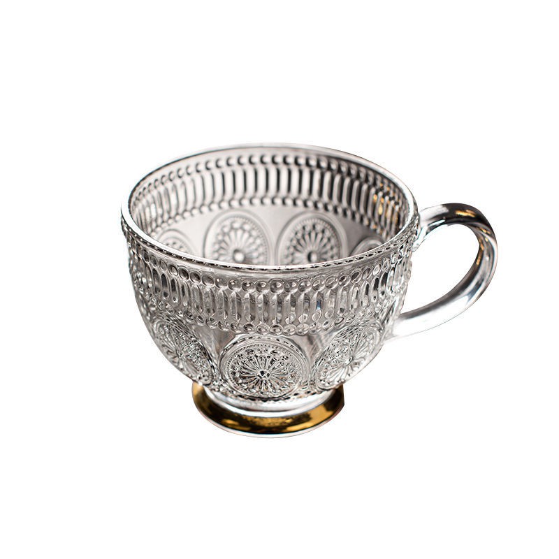 cốc thủy tinh viền vàng dập nổi phong cách Bắc Âu nước trà cà phê sữa có tay cầm đựng yến mạch dung tích lớn