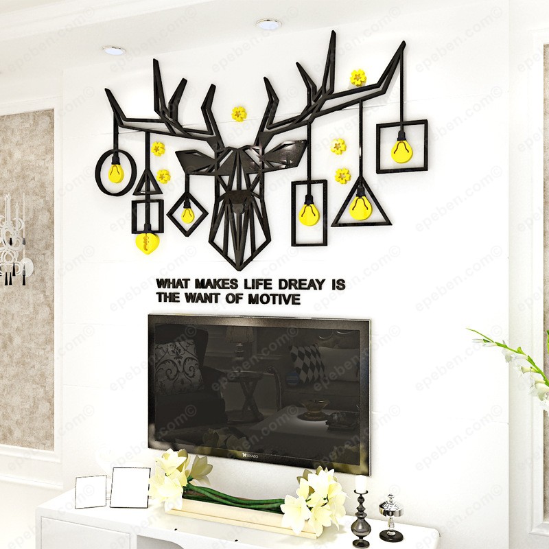 Tranh dán tường mica 3d decor khổ lớn đầu tuần lộc có sừng trang trí phòng khách, phòng ngủ