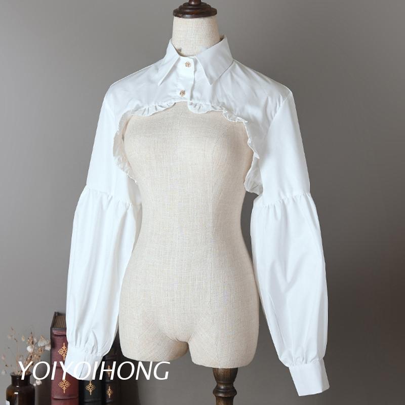 Cổ áo sơ mi giả tay phồng dài viền bèo cài nút vàng có thể tháo rời trang trí áo sweater cho nữ