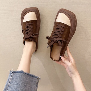 Mango Mũi Vuông Ren-Up Ngón Chân Nửa Dép Sinh Viên Flat Slip-On Giày Trắng Giày Vải