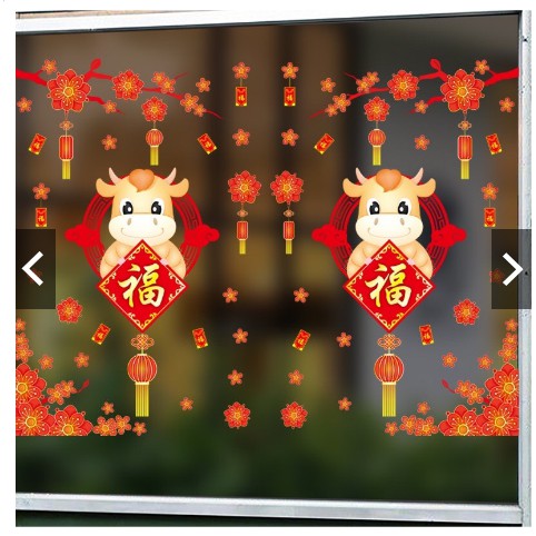 Decal dán Tết HÍT TĨNH ĐIỆN Cành Mai cùng Trâu nhí bảng hỷ đáng yêu