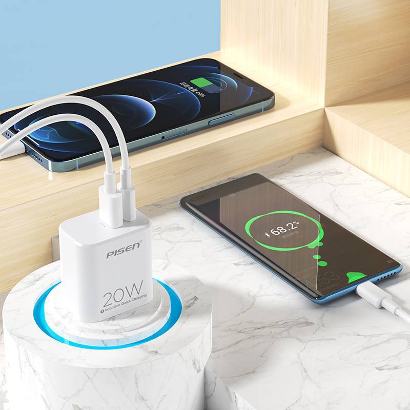 Cốc sạc nhanh 2 cổng Pisen RY01520W1C1AC hỗ trợ USB QC 3.0 và TypeC PD 20W (Trắng) - Nhất Tín Computer