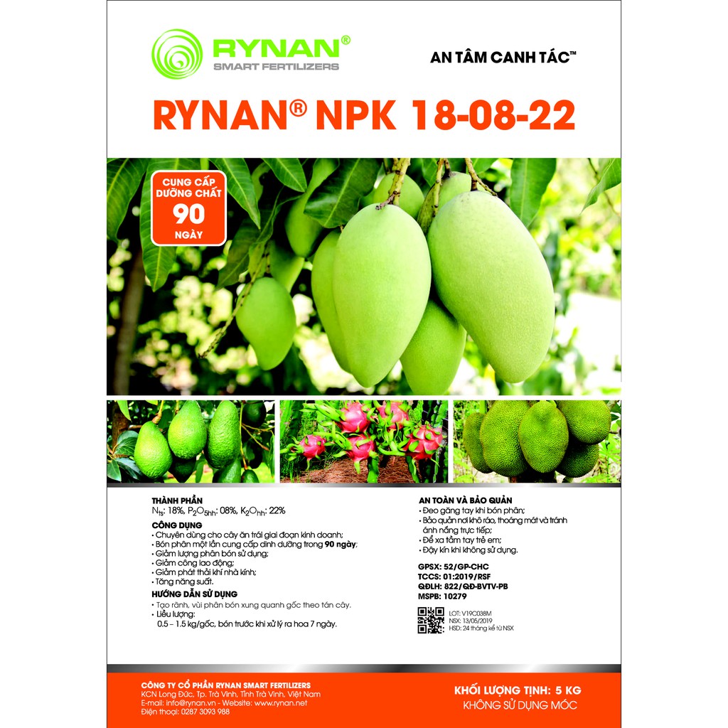 NPK 18-08-22(5Kg) giai đoạn kinh doanh(2-3 tháng) dành cho cây ăn trái(xoài, mít, nhãn, sầu riêng, dưa lưới...)