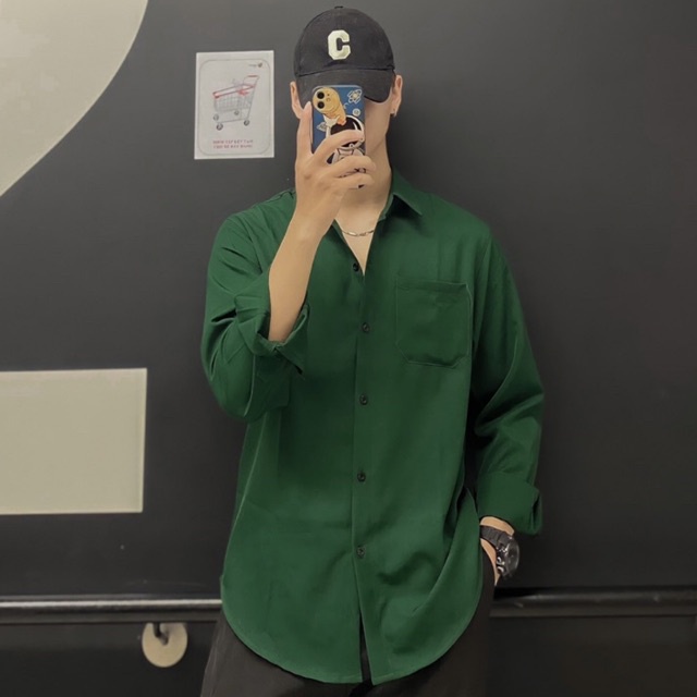 Áo Sơ Mi Tay Dài Unisex Xanh Lá Đậm Tối Hot Trend Street Style Mr Smile 99 Shop