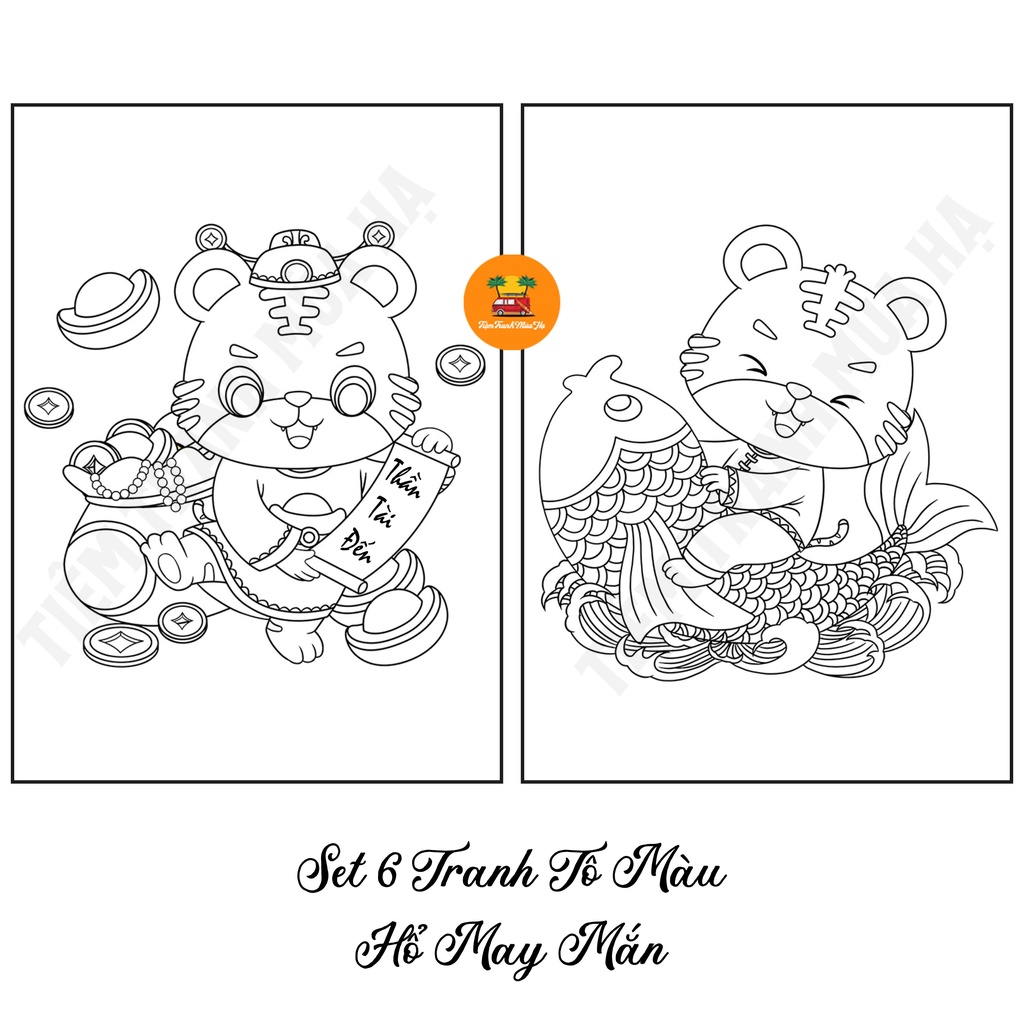 Set 6 Tờ Tranh Tô Màu Hình Hổ May Mắn Kích Thước A5 Dành Cho Màu Sáp, Màu Chì - TiệmTranh Mùa Hạ