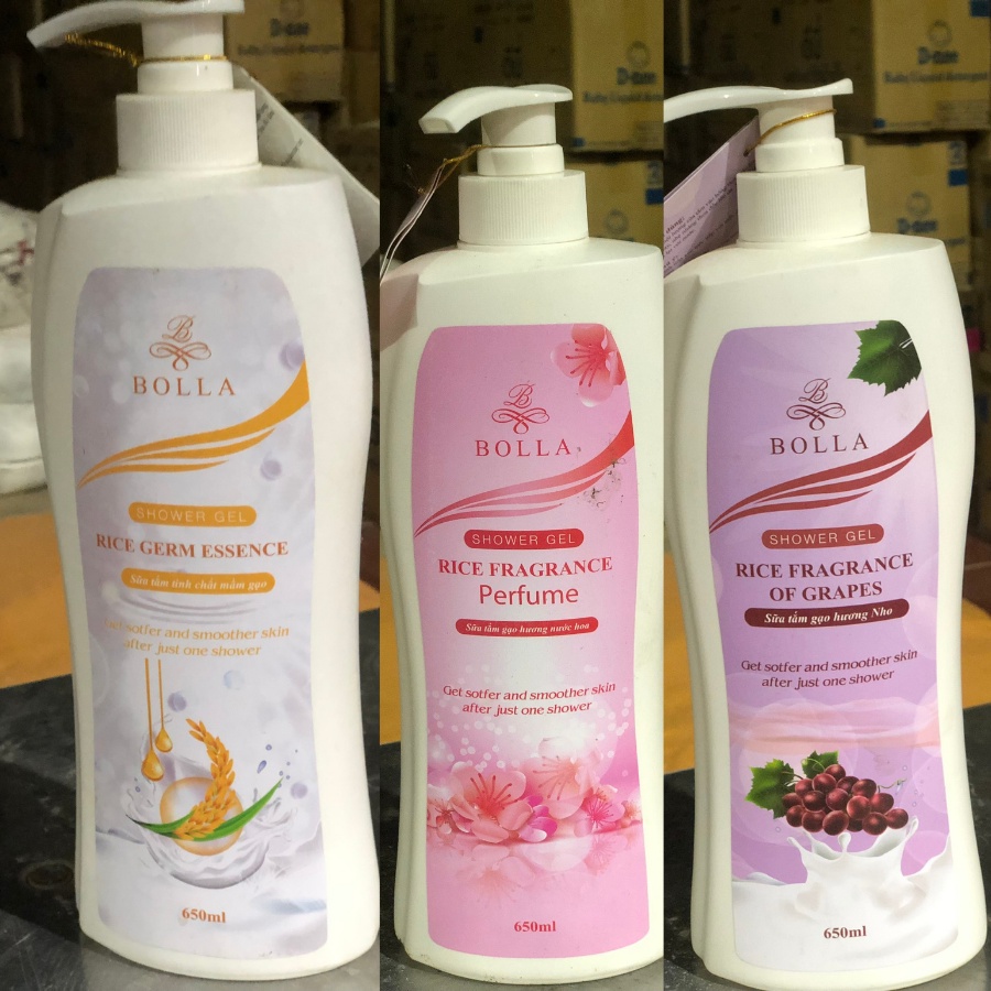Sữa tắm nước hoa Bolla tinh chất gạo 650ml dưỡng ẩm thơm lâu trắng da toàn thân lưu hương lâu ,dịu nhẹ hàng chính hãng