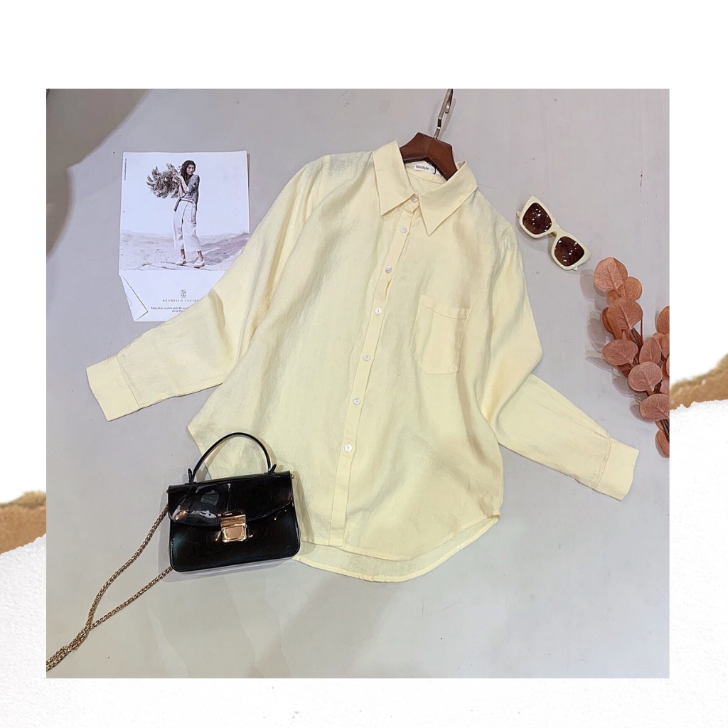Áo sơ mi vàng linen thiết kế Lalastyle
