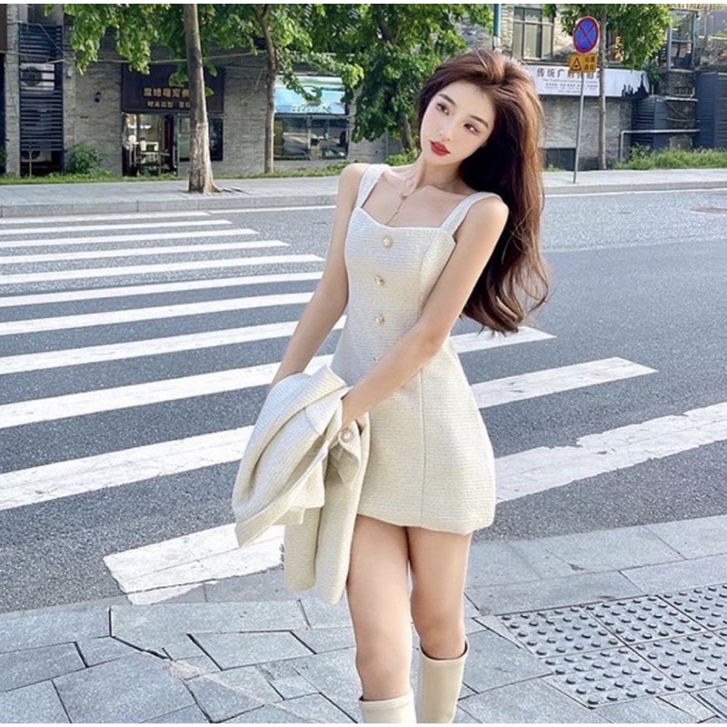 SET ĐẦM 2 DÂY BẢN TO + ÁO KHOÁC CROPTOP NÚT BỐ MS176