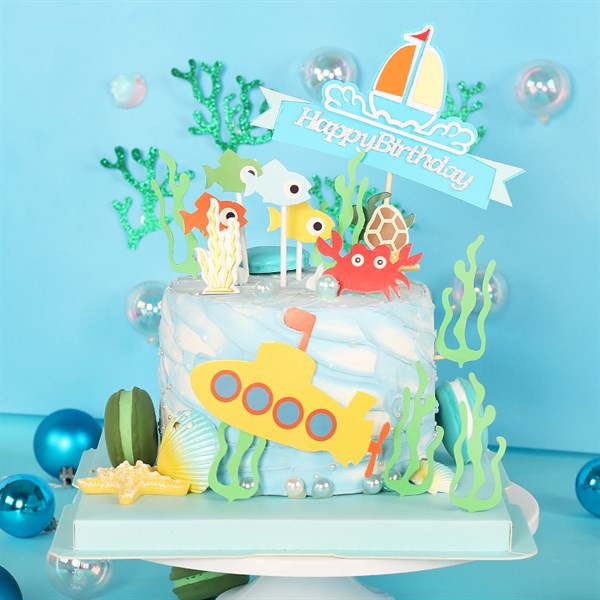 Phụ kiện trang trí bánh sinh nhật_Set que cắm tàu ngầm + cua cá