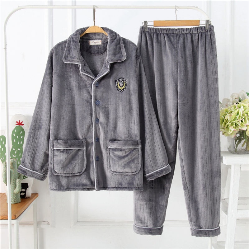 Bộ đồ ngủ dành cho người cha trung niên và người già bằng vải nỉ trong mùa thu và mùa đông của nam giới san hô lông cừu