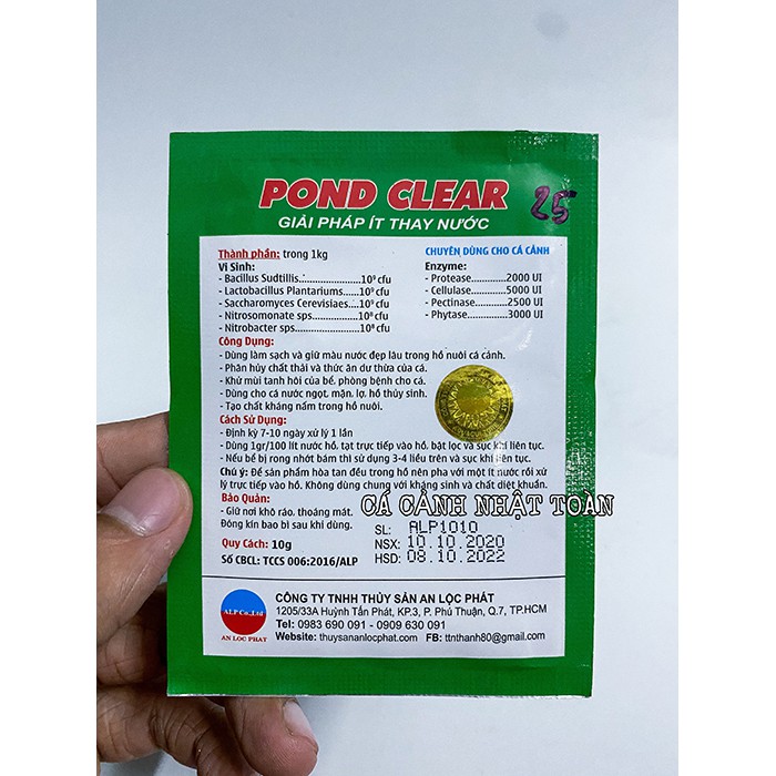 MEN VI SINH POND CLEAR LÀM TRONG NƯỚC KHỬ MÙI TANH HỒ CÁ 10G AN LỘC PHÁT