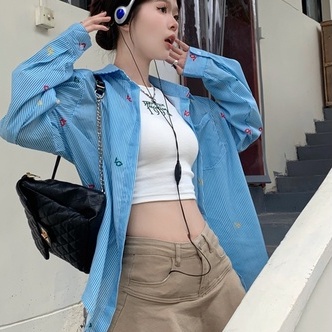 Áo sơ mi ZHELIHANGFEI tay dài chống nắng dáng rộng in họa tiết xinh xắn