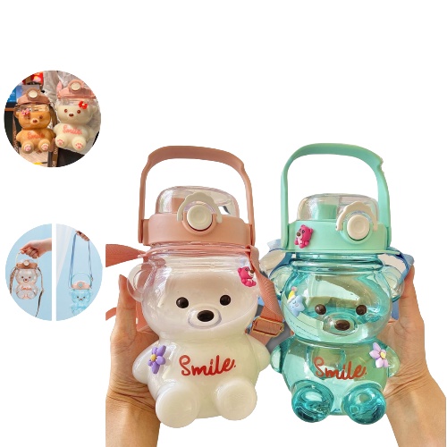 Bình Nước Nhựa Trong Suốt Họa Tiết Gấu Hoạt Hình Dễ Thương Có Ống Hút Kèm Sticker