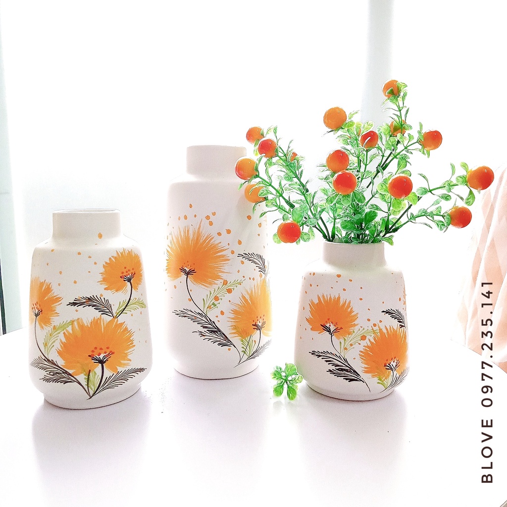 Quà tặng cao cấp, Bộ 3 bình hoa vàng cam gốm sứ bát tràng vuốt tay vẽ họa tiết thủ công,Trang trí nhà cửa,decor