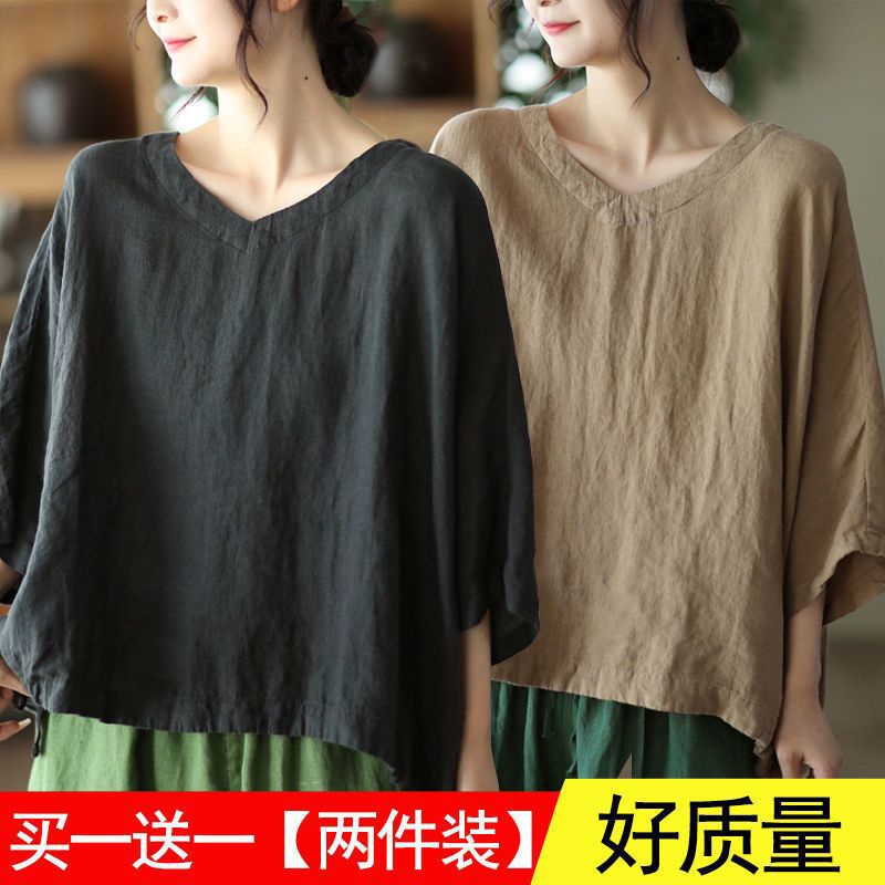 Áo Thun Cánh Dơi Bằng Cotton Lanh Thời Trang Mùa Hè 2022 Cho Nữ Size L-4xl