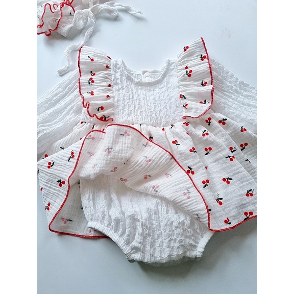 Set Váy Đầm Body Cho Bé Gái Cherry Đỏ Nền Trắng Cánh Tiên Xốp Nhún Từ 0-24 Tháng - BV7005
