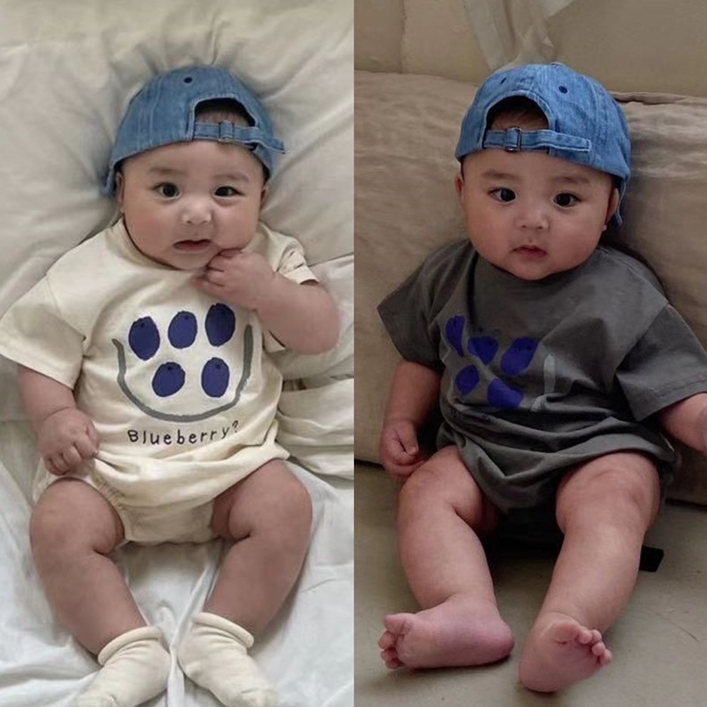 Bộ Áo Liền Quần Tay Ngắn Chất Liệu Cotton In Họa Tiết Quả Mọng Xanh Dương Cho Bé 0-2 Tuổi