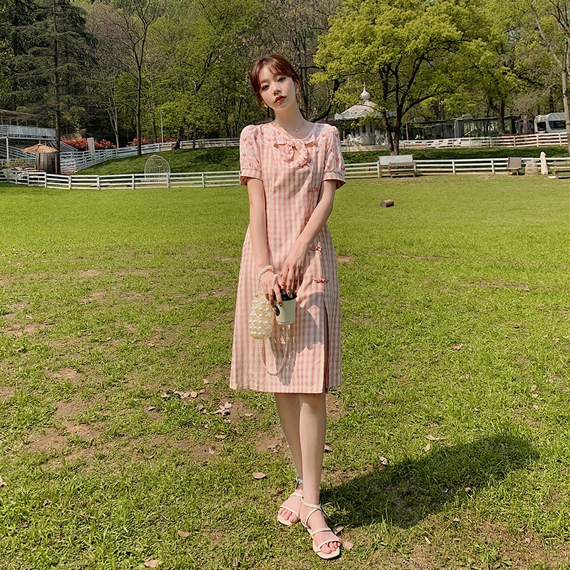 Real Shot Spot Plaid Floral Chiffon Dress Women Can Be Sweet and Salt Temperament Age Reduction Small Modified Cheongsam a Skirt Button Split Bow Pink S M L XL