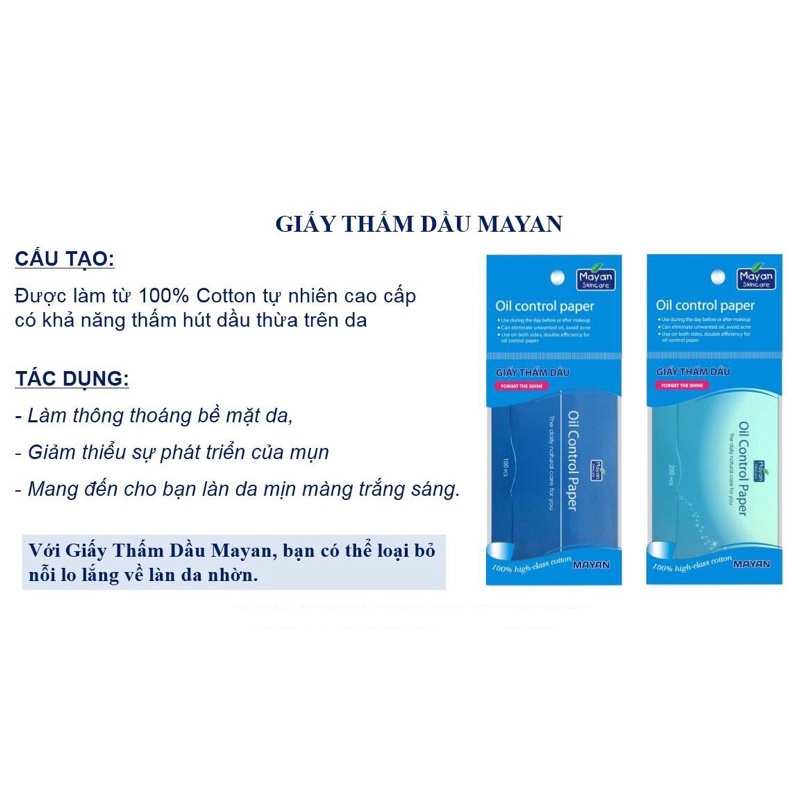 Giấy thấm dầu Mayan Skincare loại bỏ dầu thừa, bụi, làm sạch da, bảo vệ lớp trang điểm