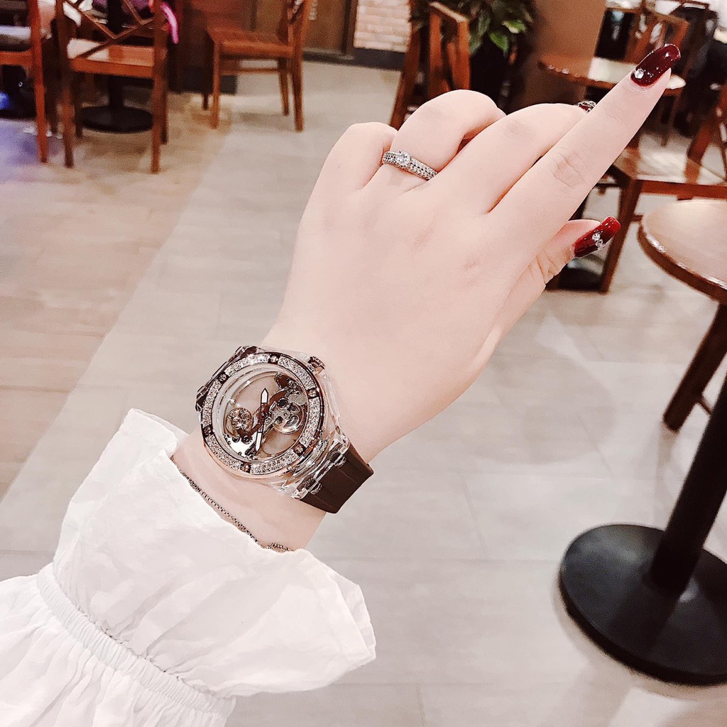 Đồng Hồ Davena Nam Nữ Automatic D31592 Mặt Lộ Máy Trong Suốt Dây Silicon Nâu 42mm Rose Gold Chính Hãng