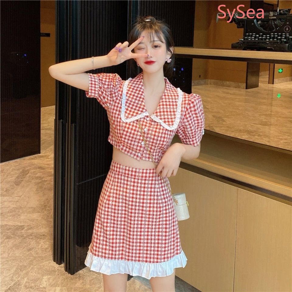 Set áo sơ mi ngắn tay và chân váy dễ thương thời trang dành cho nữ