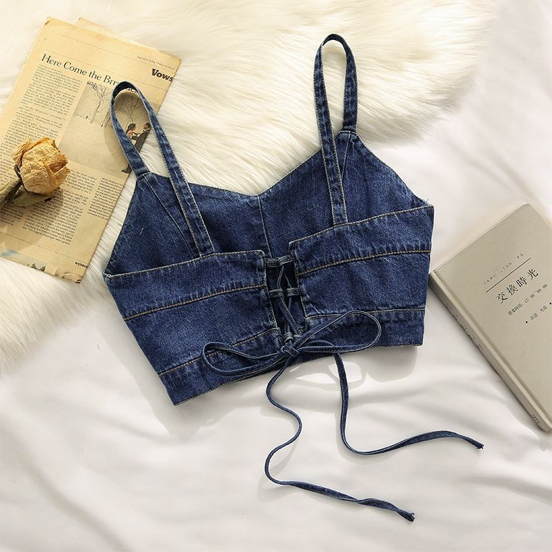 Áo Denim Hai Dây Cột Dây Sau Lưng Dáng Ôm Thời Trang Mùa Hè Xinh Xắn Cho Nữ