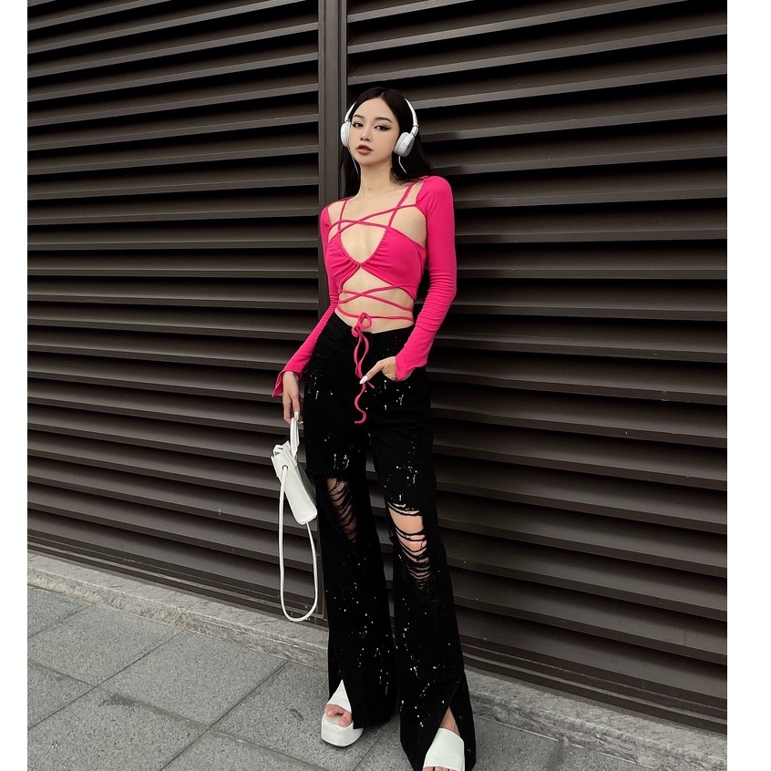 Áo Bra Dây Quấn Tay Dài LSEOUL A2556 Chất Thun Co Dãn Năng Động Hiphop Gợi Cảm