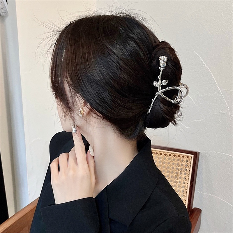 Kẹp Tóc Kim Loại Màu Bạc Hình Hoa Hồng Phong Cách Hàn Quốc