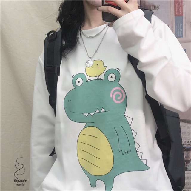 Áo thun tay dài thụng khủng long xanh cute