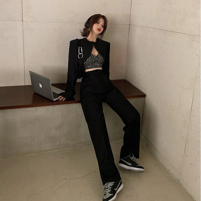 [HOT TREND] Set suit Hàn Quốc Ulzzang áo Blazer lửng phối áo Croptop da báo quần ống suông soái tỉ cool ngầu sang chảnh