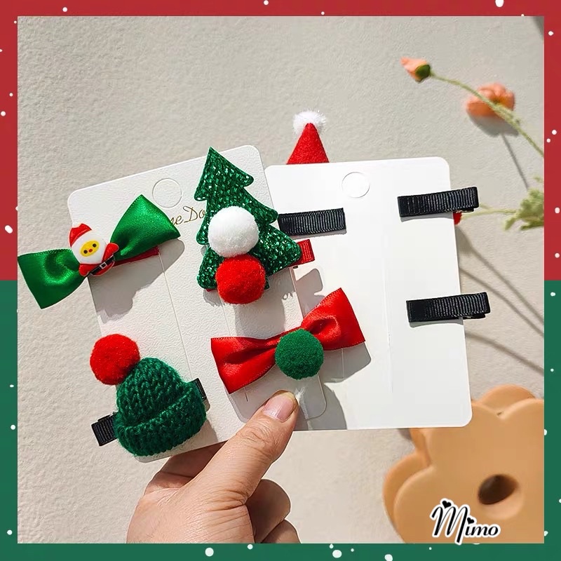 Kẹp tóc giáng sinh ngọt ngào cute, set 4 món kẹp cây thông, ông già noel, mũ len mẫu mới 2021