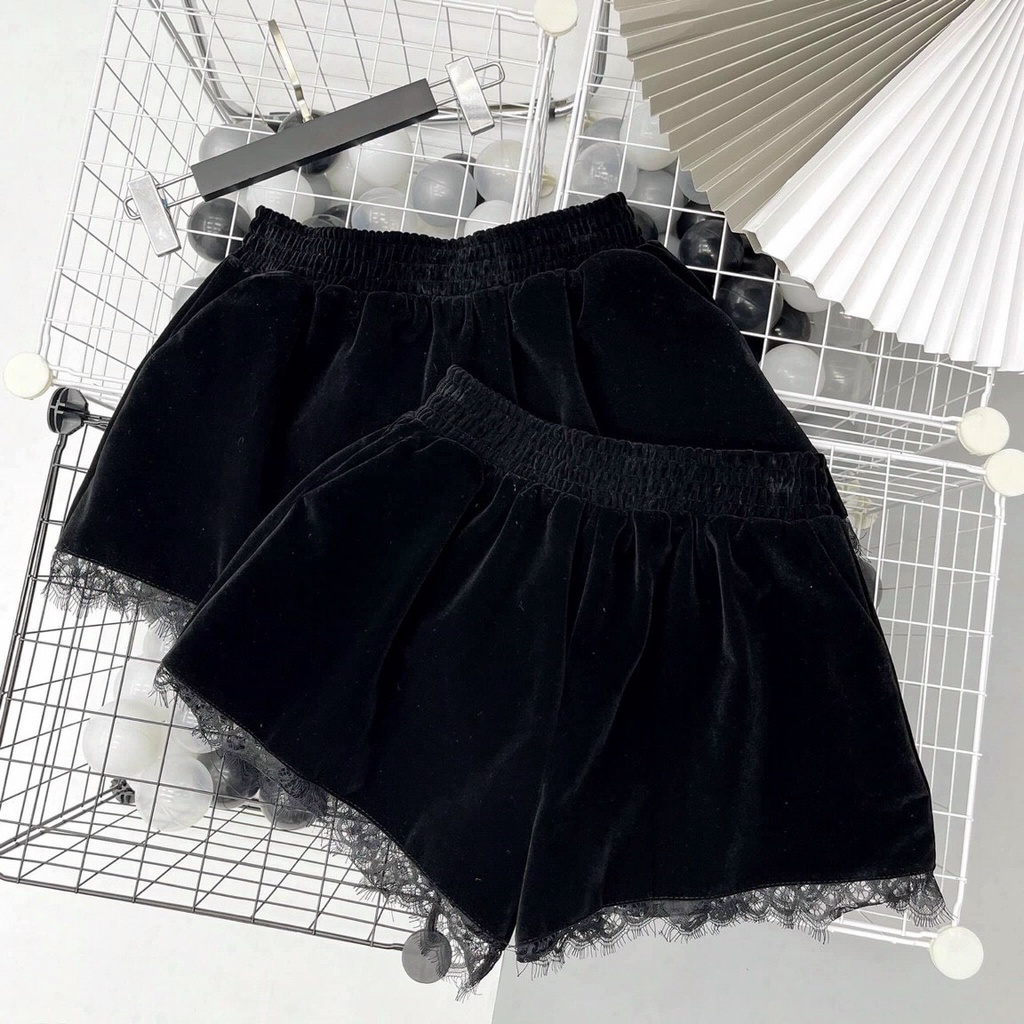 quần short nữ nhung phối ren xinh xắn sooc đùi mềm mịn sang chảnh cao cấp đùi phồng loại đẹp siêu sang cạp chun lưng cao
