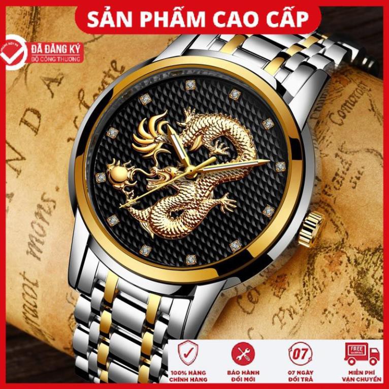 ĐỒNG HỒ NAM RỒNG VÀNG KÍNH TRÁNG SAPPHIRE - ĐỒNG HỒ PHONG THỦY - DÂY THÉP ĐÚC ĐẶT CAO CẤP