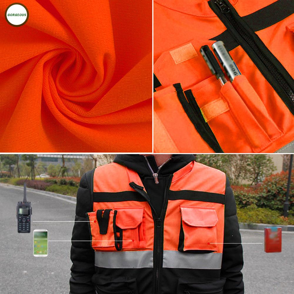 Men Hi-Vis Safety Vest Reflective Tape Jacket Multi Pocket Security Waistcoat