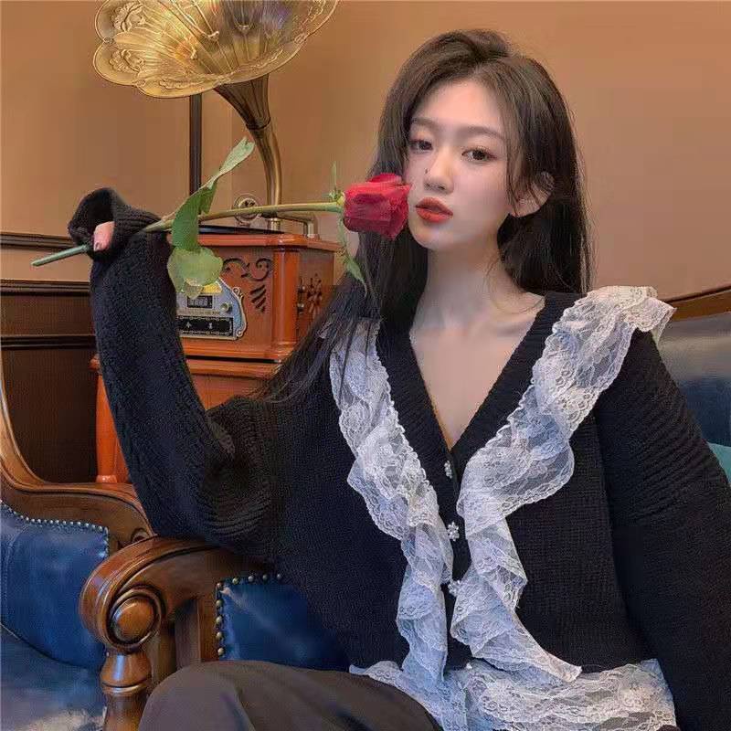 Áo khoác cardigan dệt kim cổ chữ V dáng rộng phối ren thời trang Hàn Quốc mới mùa xuân 2021