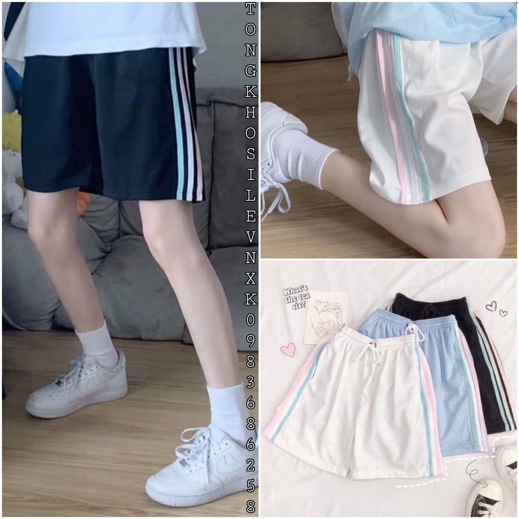 Quần Short 3 Sọc Phối Màu Thun Ulzzang Rainbow Nam Nữ - Quần Short Đùi Sôc ống rộng cạp chun Thun 3 Line Color