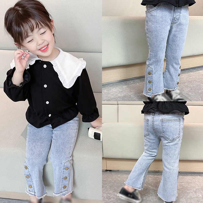Quần jean ống loe co dãn có túi cho bé gái