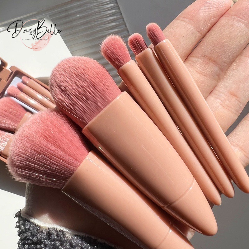Bộ cọ trang điểm cao cấp 5 cây , kèm hộp gương màu hồng xinh xắn