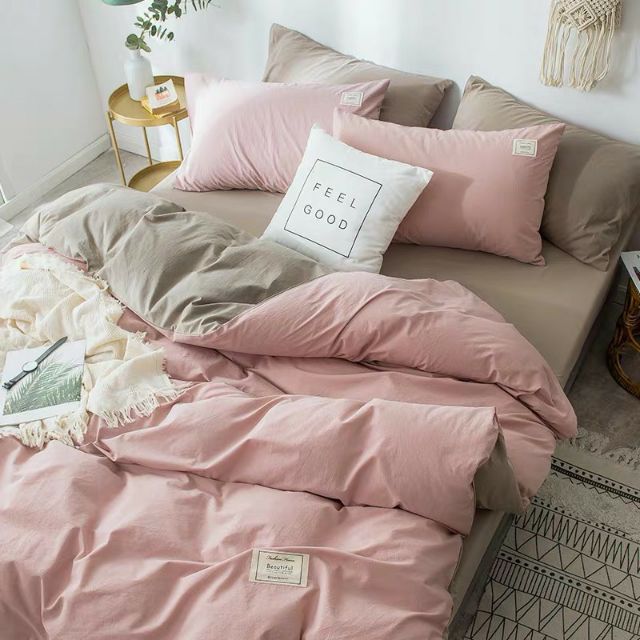 Bộ Chăn Ga Gối Cotton Tici Hồng Be Cao Cấp