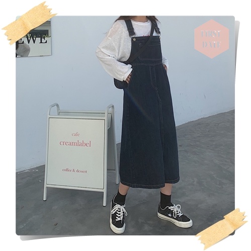 Váy yếm dài Yếm váy Yếm bò dáng dài FIRST DATE màu xanh đậm denim Yếm jean nữ hiện đại năng động | BigBuy360 - bigbuy360.vn