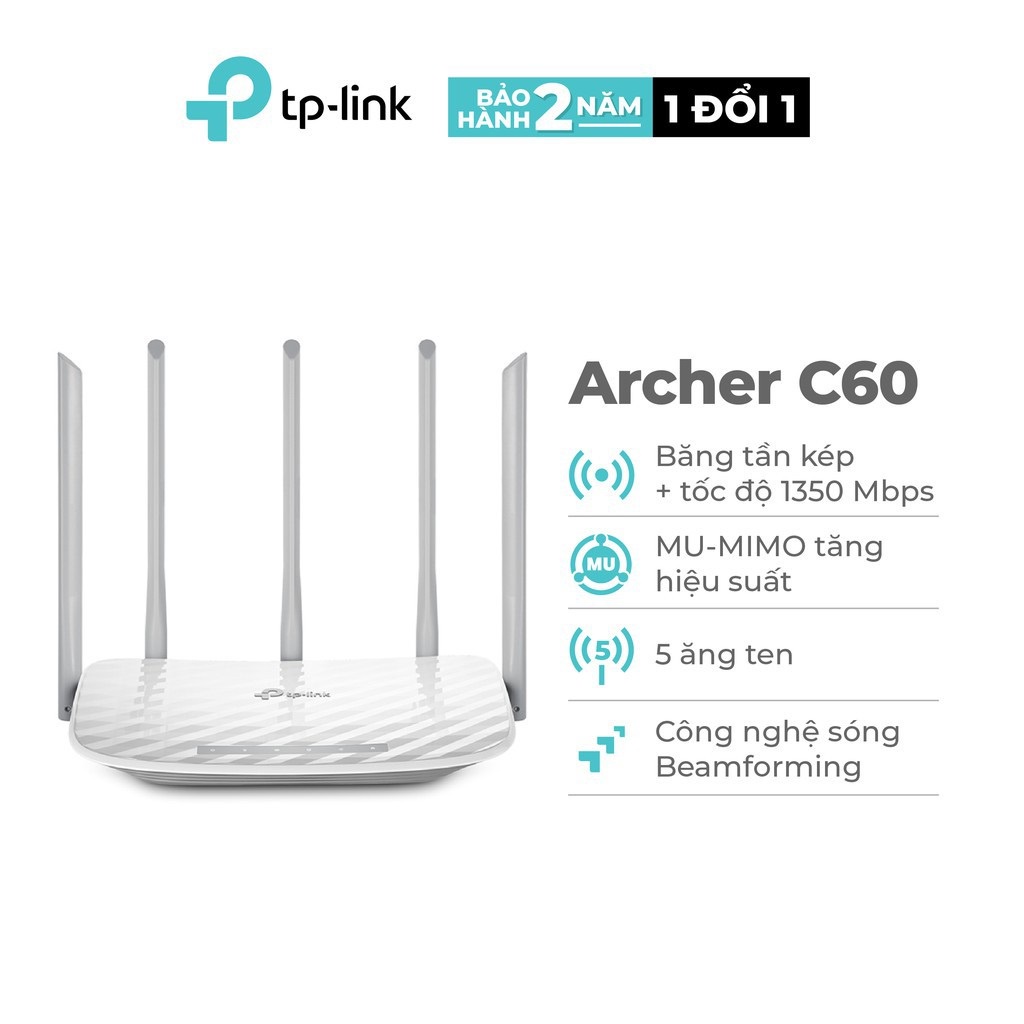 Bộ Phát Wifi TP-Link Archer C60 5 Ăng Ten Băng Tần Kép Chuẩn AC 1350Mbps - Hàng Chính Hãng